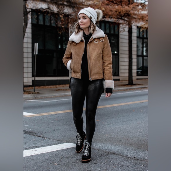 Tan Suede Aviator Style Jacket with Faux Fur - Picture 4 of 12